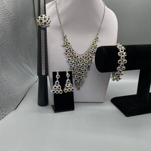 Multi Color Rhinestone Silver‎ Tone Statement Jewelry Set Necklace Bracelet Ring